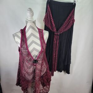 Lily 2 Piece Skirt and Crochet Vest Black Pink Skirt S L/Vest S XL Mixed Media